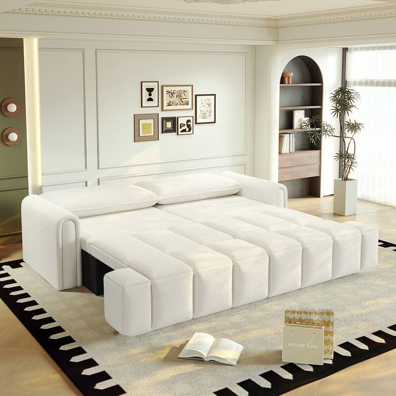 90.2 Inch King 3-in-1 Sleeper Sofa with Seat Storage, Modern 4-Seater Convertible Teddy Fabric Couch