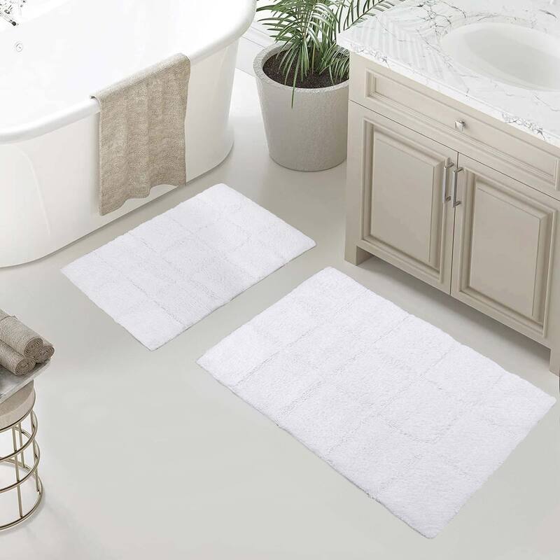 Superior Cotton Checkered 2-piece Non-skid Bath Rug Set - White