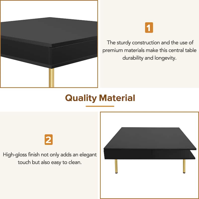 Roomfitters Square High Gloss Coffee Table with Golden Legs, Modern 2-Tier Center Table with Hidden Storage