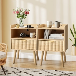 EROMMY Fluted Nightstand Set of 2 with Charging Station & USB Ports, Modern Bedside Table with Drawer and Shelf