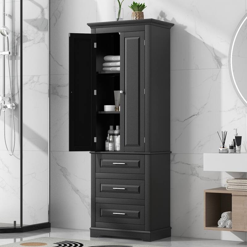 Tall Storage Cabinet with 3 Drawers, Bathroom & Office Organizer with Adjustable Shelves - Black