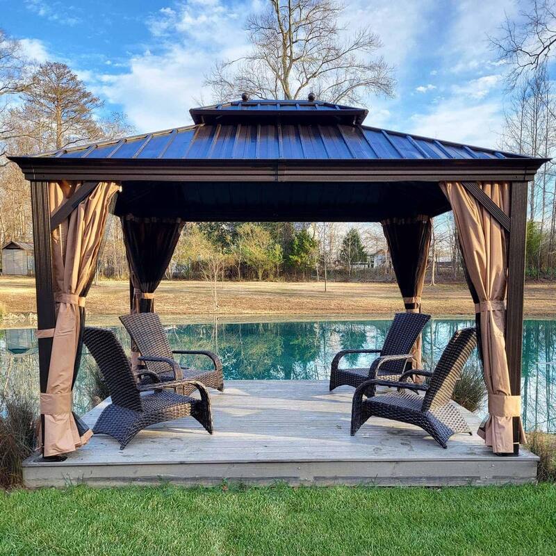 PURPLE LEAF 10x12 Outdoor Galvanized Steel Hardtop Gazebo, Aluminum Frame Gazebo With Curtains - Beige W/B