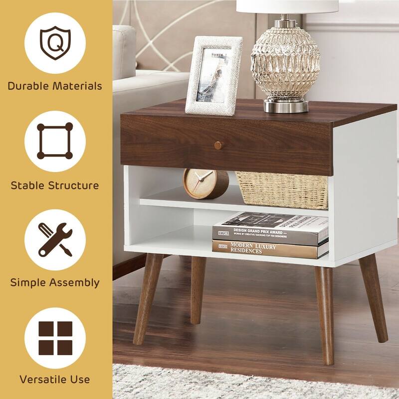 Nightstand End Side Table Drawer Storage Shelf Mid-Century Rubber Wood Leg