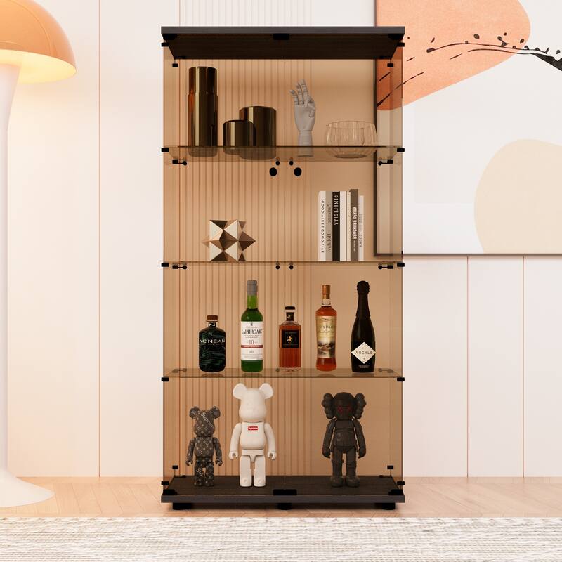 4-Shelf Glass Display Cabinet with Two-door Tawny Glass Cabinet, Floor Standing Curio Bookshelf for Living Room Bedroom