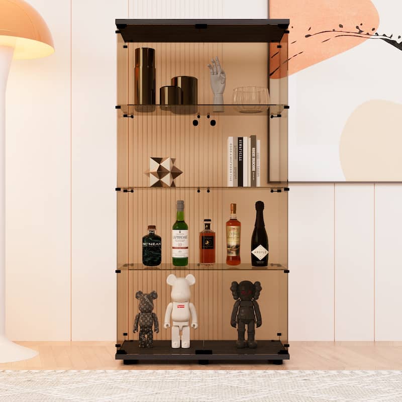 Two-door Tawny Glass Display Cabinet 4 Shelves with Door, Floor Standing Curio Bookshelf