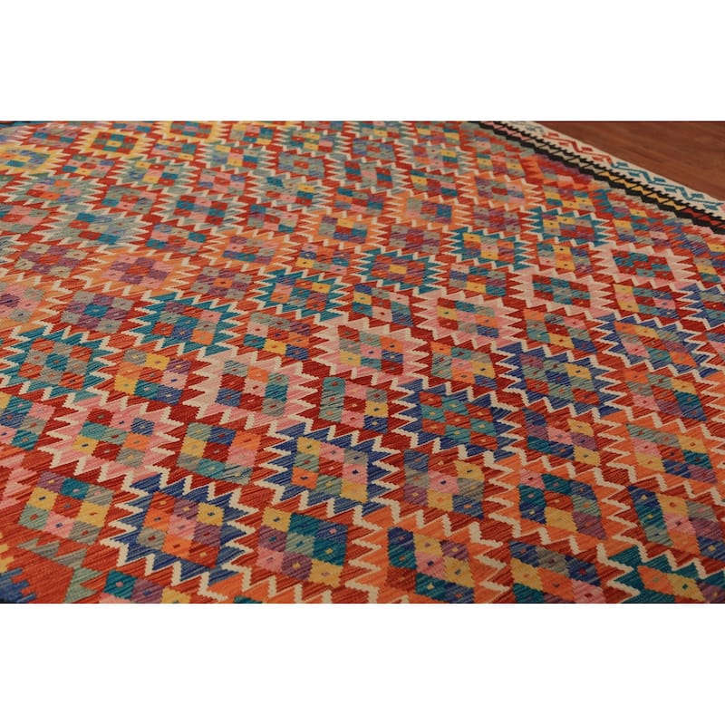 Geometric Kilim Oriental Area Rug Hand-Woven Tribal Orange Wool Carpet - 10'1"x 12'11"