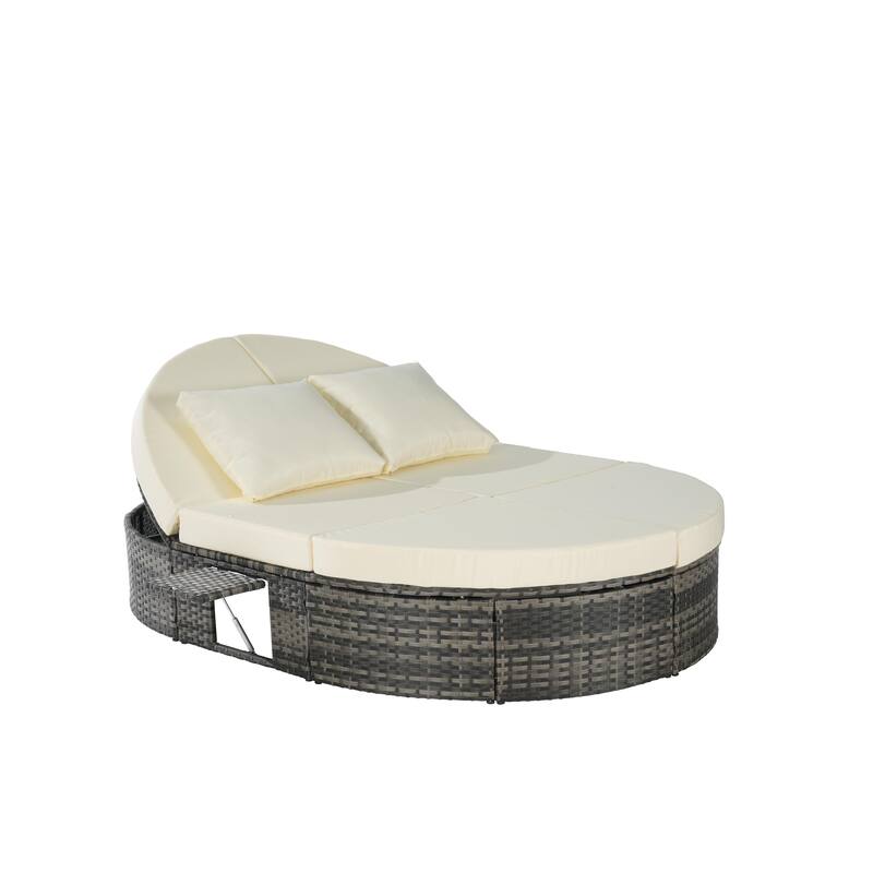 Outdoor Patio Rattan Round Daybed Sunbed with Adjustable Backrests and Foldable Cup Trays