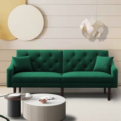 Green Velvet Convertible Sleeper Sofa with Adjustable Backrest and Tapered Wood Legs
