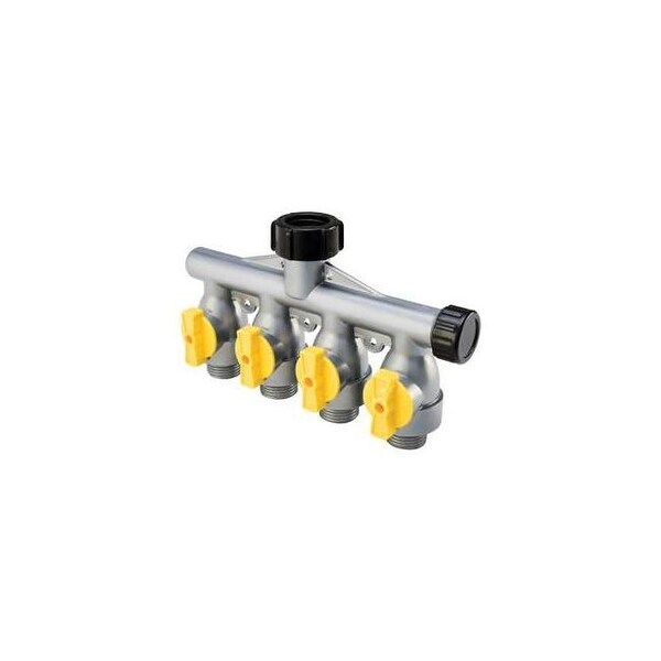Melnor 347-6 hiflo metal 4 way hose valve. Opens flyout.
