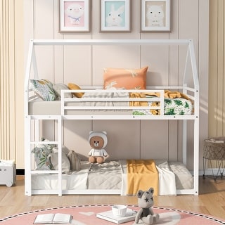Elegant Style and House Metal Bunk Bed with Sturdy Frame, Built-in Ladder and Slide, Twin over Twin, White