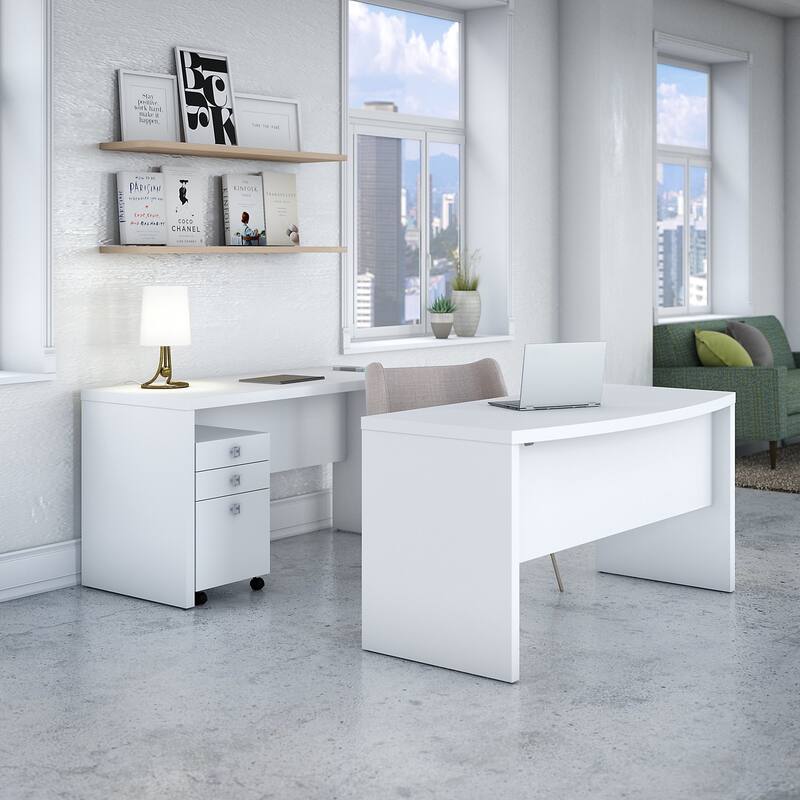 Echo Bow Front Desk and Credenza w/ Drawers by Bush Business Furniture - Pure White