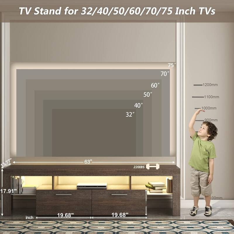 Country-Style LED TV Stand Glossy Entertainment Center with 2 Large Drawers and 3 Open Frames, for Living Room and Bedroom