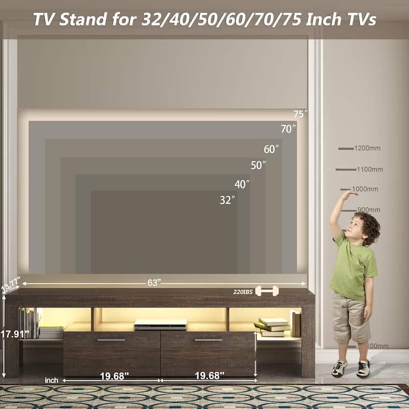 Wood Media Console with Adjustable Brightness, TV Stand with 16-Color Lights, Entertainment Center with Open Shelves