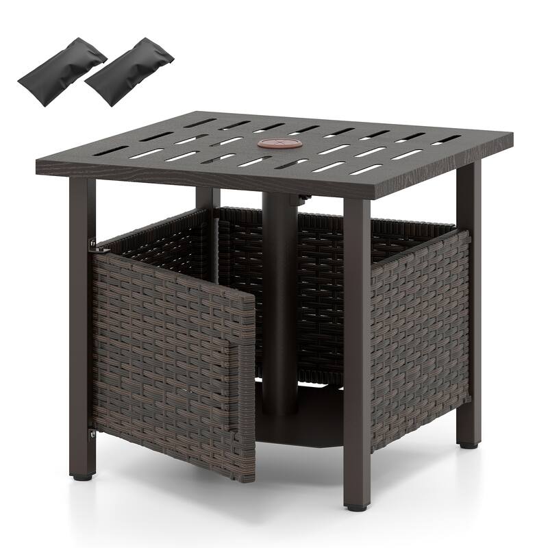 Brown PE Rattan Outdoor Side Table with Umbrella Hole and Rustproof Zinc-Iron Frame for Garden or Pool - 22" x 22" x 19"