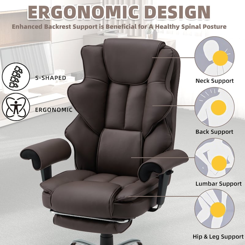Ergonomic 6-Point Massage Office Chair with Heating, Reclining Function, Retractable Footrest, and Adjustable Armrests