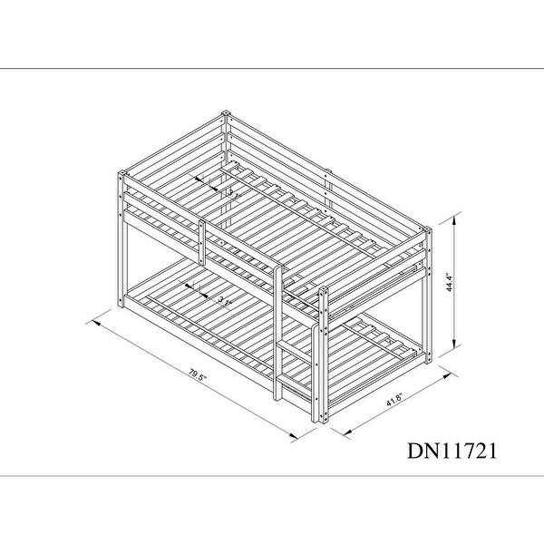 dimension image slide 3 of 5, Stylish Twin Over Twin Floor Bunk Bed with Low Height Design for Kids' Safety, Spacious Grey Pine Wood Construction