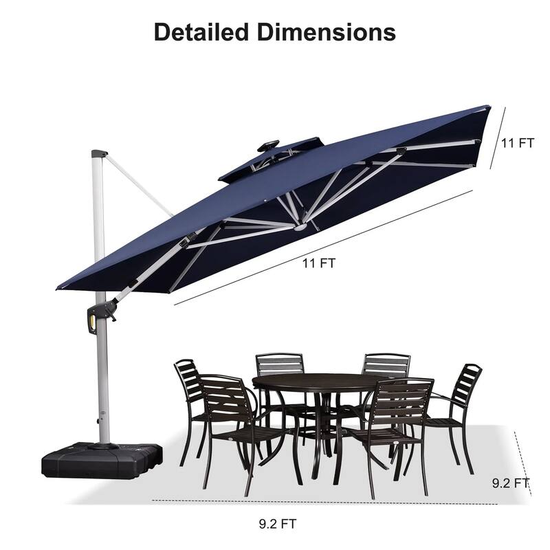 PURPLE LEAF 11 ft Double Top Solar Powered LED Square Patio Cantilever Umbrella with Base