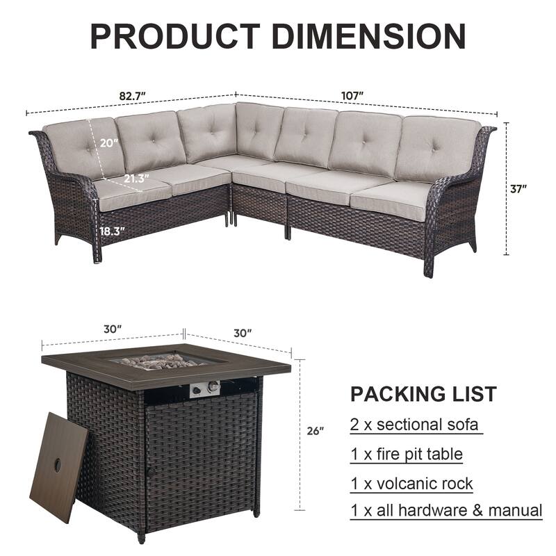 Outdoor Patio Sectional Sofa Couch with Fire Pit Table - Brown