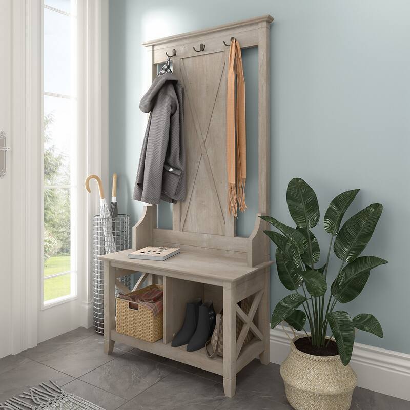Key West Hall Tree with Shoe Storage Bench by Bush Furniture - Washed Gray