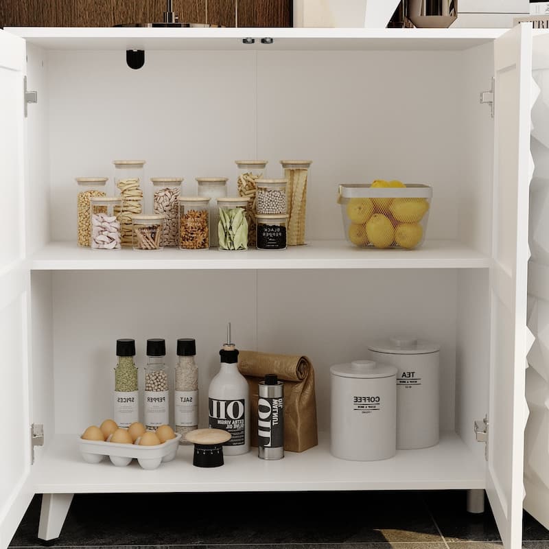 Geometric 4-Door Sideboard Buffet Cabinet with Adjustable Shelves, White Finish
