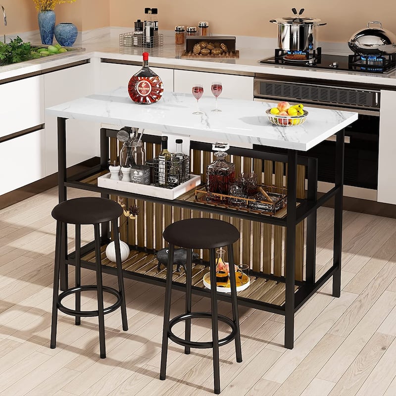 Mieres Kitchen Island with 2 Stools and Open Shelves