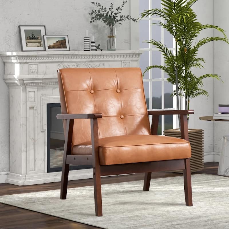 Ebello Mid-Century Modern Upholstered Leather Accent Chair with Solid Wood Frame - Orange