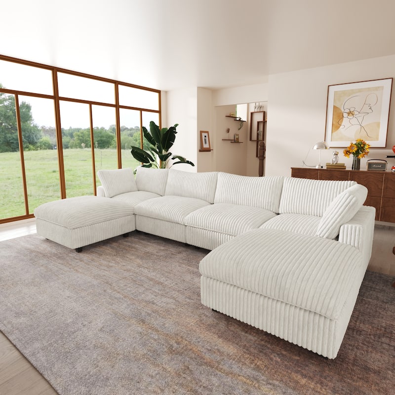 157.48'' Cloud Modular Sectional Sofa Oversized U-Shaped Striped Plush Couch for Living Room Set