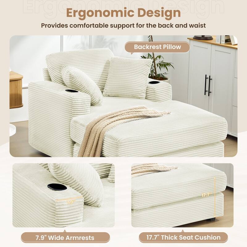 Chaise-Style Corduroy Sofa with Cup Holders and 3 Back Cushions - Reclining Lounge Design