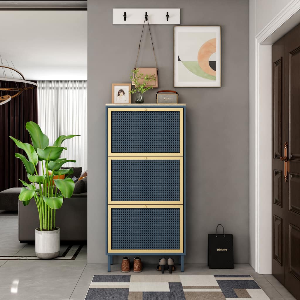 GDFStudio - Honeycomb Metal Rattan Modern Shoe Storage Cabinet with 3 Doors