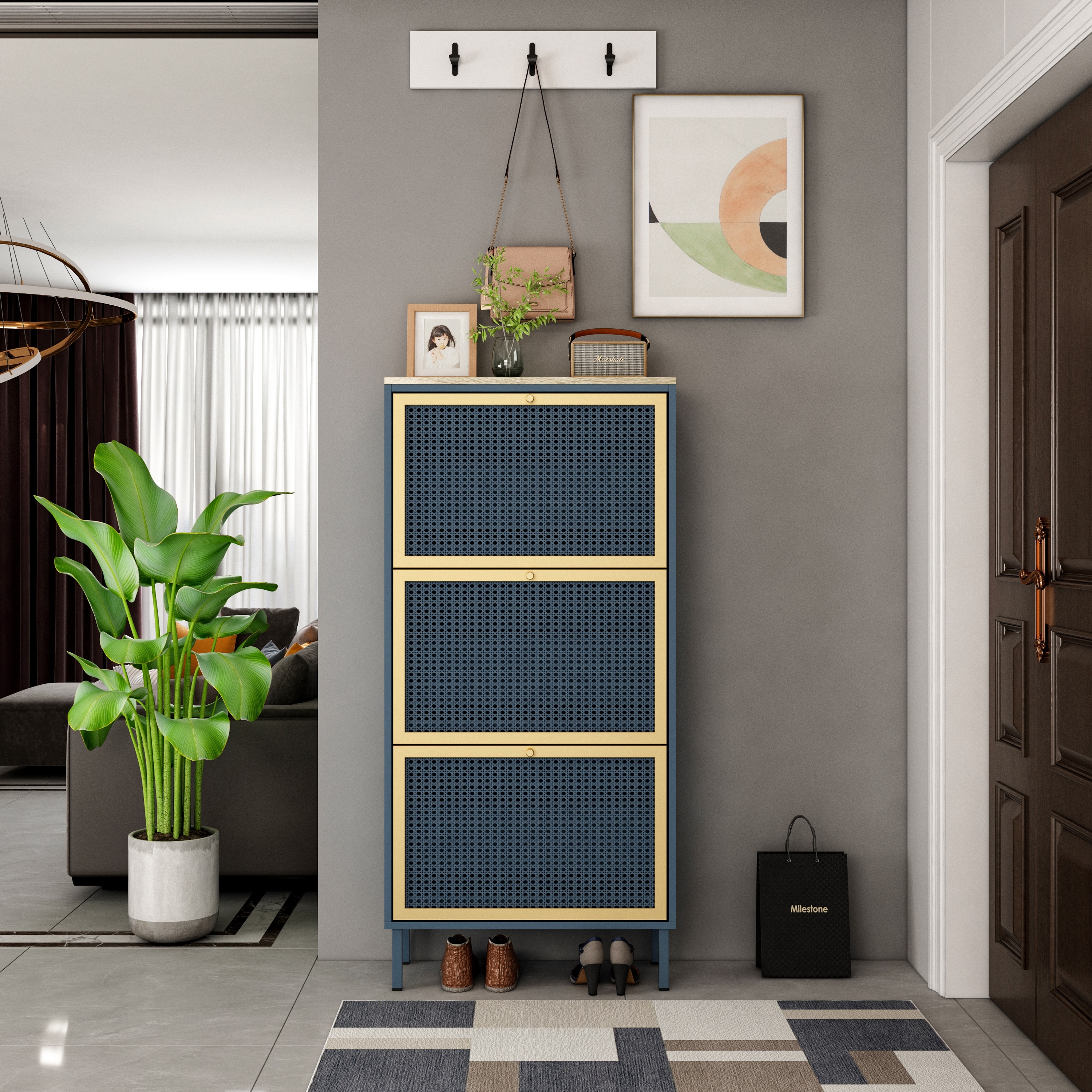 GDFStudio - Honeycomb Metal Rattan Modern Shoe Storage Cabinet with 3 Doors