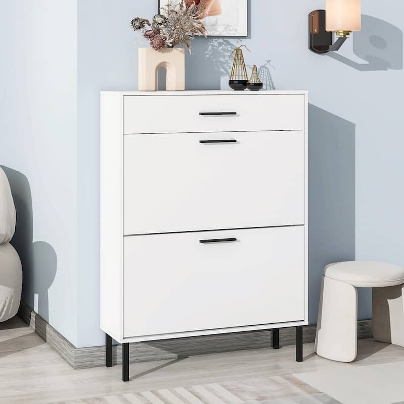 Freestanding Shoe Cabinet with Drawers, Metal Legs, and Flip Drawers - White - 1-drawer