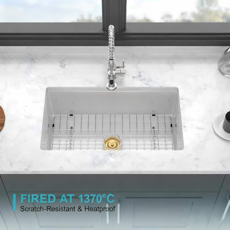 32x19x10 Undermount Single Bowl Fireclay Kitchen Sink Dual Mount White Porcelain Rectangular Deep Single Bowl Sink Basin