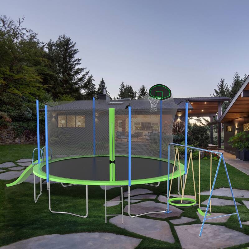 14FT Trampoline with Slide and Swings, Double color cover, Trampoline with Basketball Hoop and Ladder