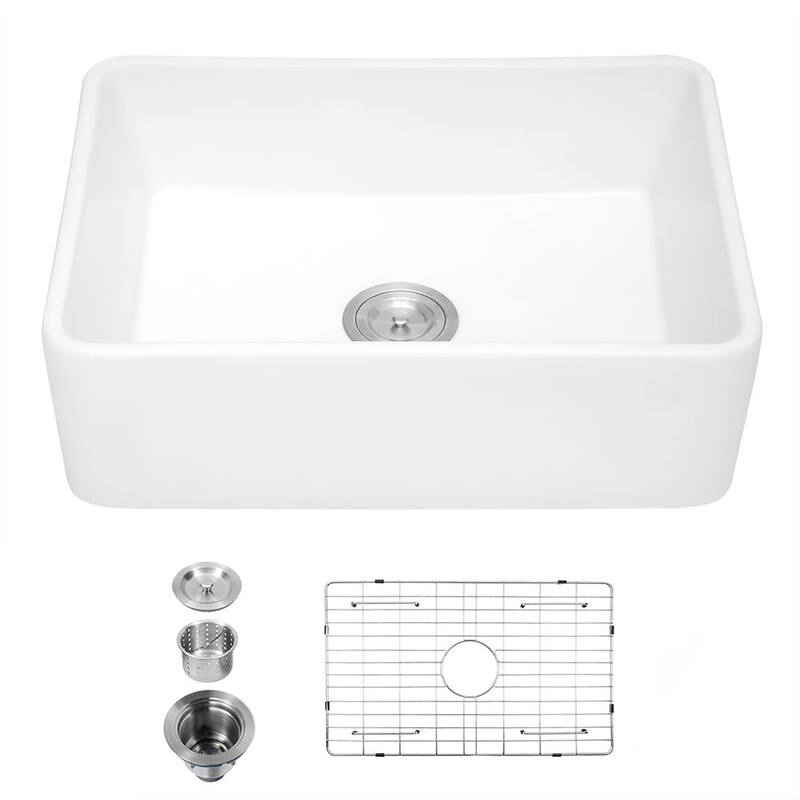 White Ceramic Single Bowl Farmhouse Apron-Front Kitchen Sink with Grid and Strainer