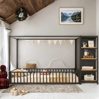 Black Spacious Full Size Metal Floor Bed with Wardrobe and Safety Fence for Bedroom