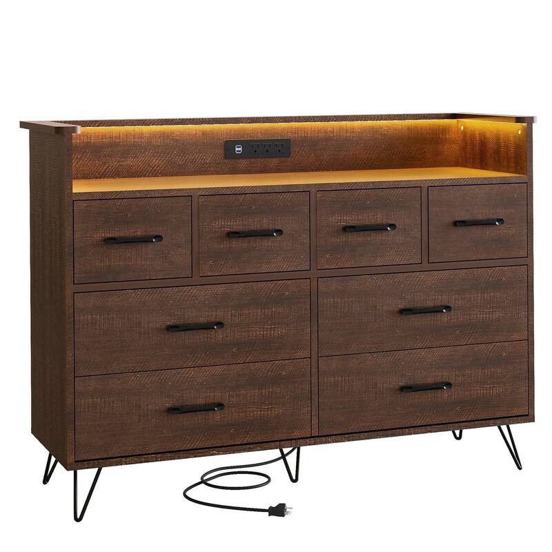 Tall Dresser for Bedroom with Charging Station & RGB Lights - 8 Drawer Wooden - Brown