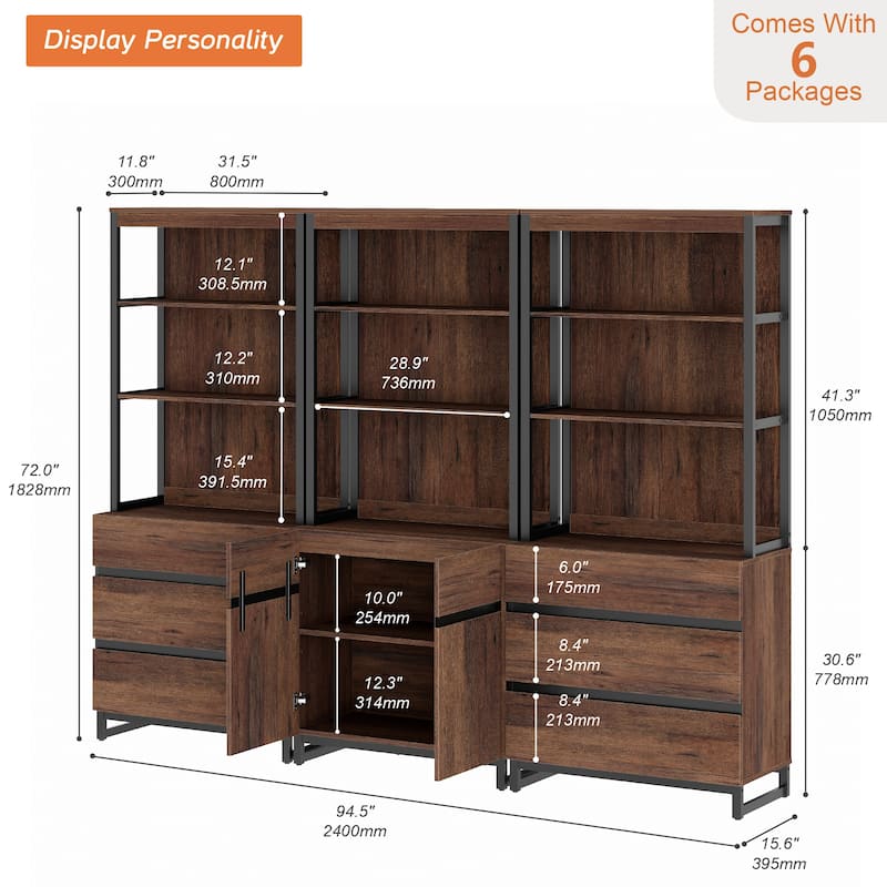 WAMPAT 3-Piece Modern 72" Tall Bookcase with 6 Drawers and Adjustable Shelves