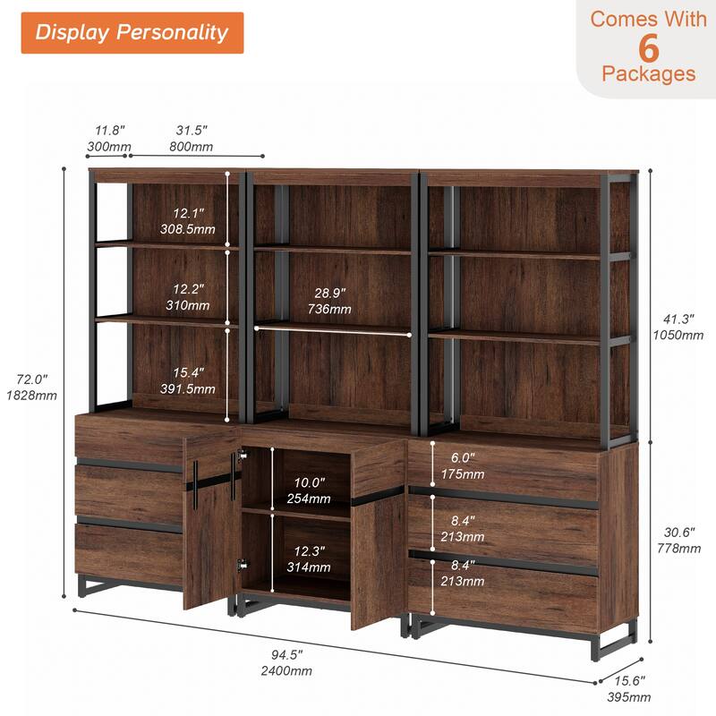 WAMPAT Modern TV Stand with 3 Tiers Bookshelf, Farmhouse Entertainment Center with 2 Storage Cabinets and 6 Drawers