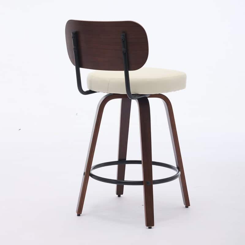 Swivel Bar Stools Set of 2, 26" Upholstered Faux Leather Counter Height Barstools with Walnut Back & Bentwood Legs
