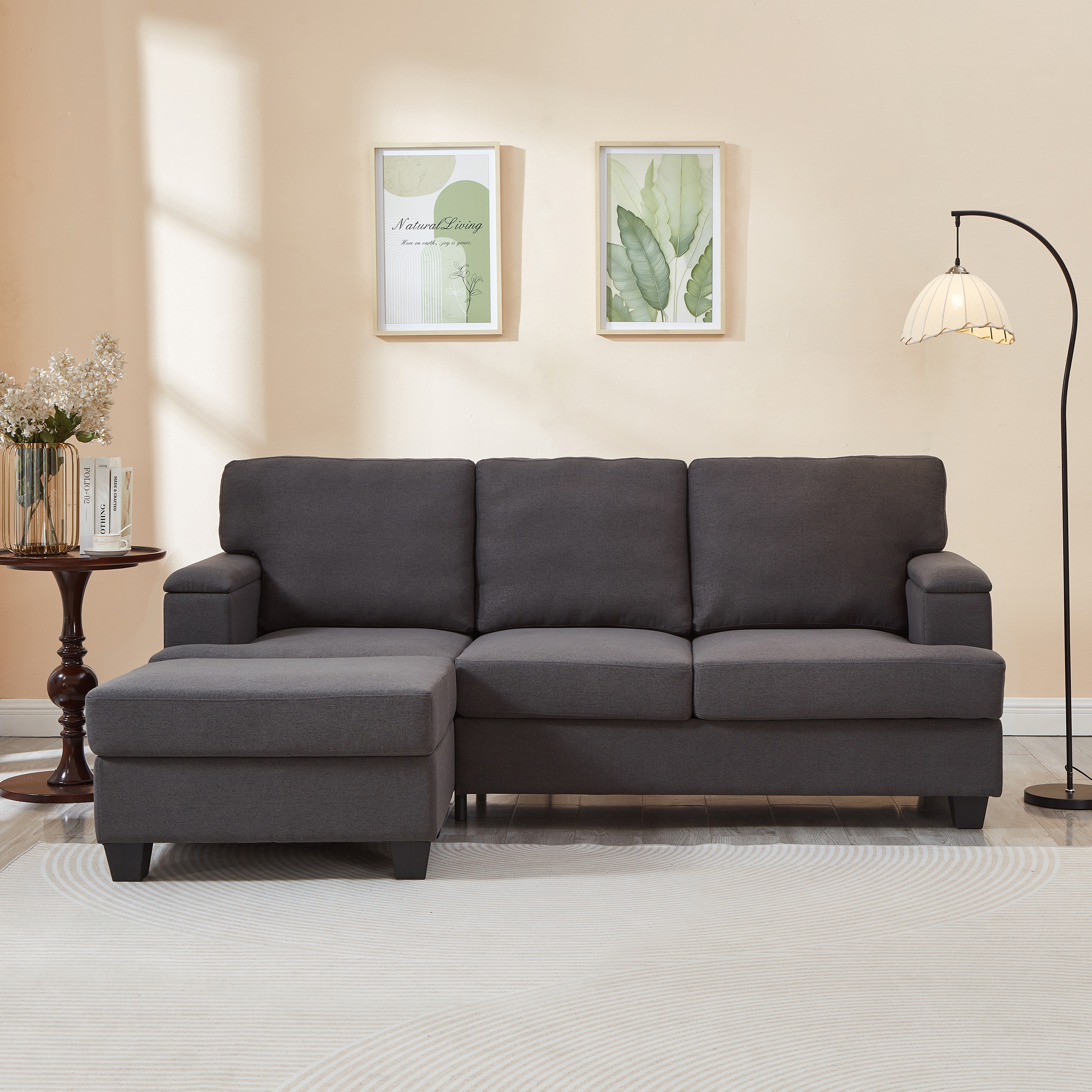 L Shaped 3 Seats Sofa with Armrest Organizer, Linen Sectional Sofa with Movable Ottoman, Comfy Upholstered 3 Seater Couch,