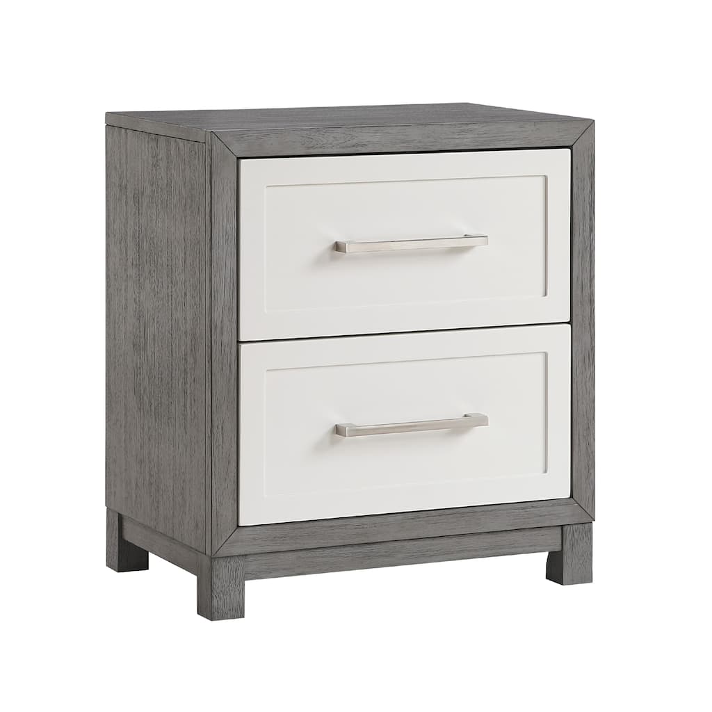 Rowy Nightstand, 2 Drawer Polished Bar Handles, Ivory and Gray Veneer
