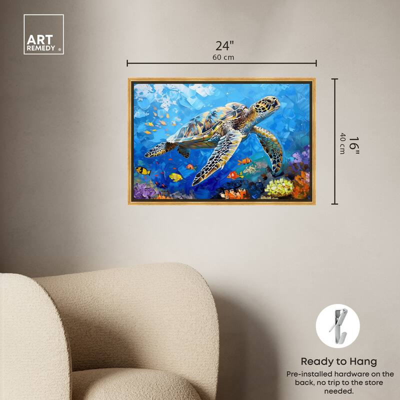 Art Remedy Turtle Swimming Framed Colorful Coastal 1 Piece Canvas Wall Art
