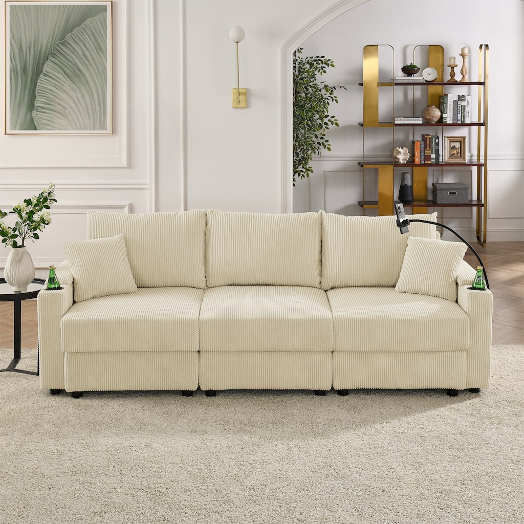 102" Corduroy 3-Seater Sofa with Deep Seat, Cup & Phone Holders