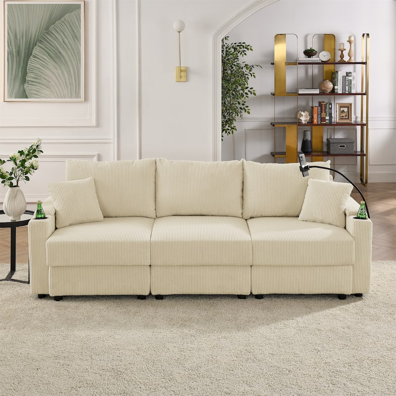 Corduroy Upholstered 3 Seater Couch Deep Seat Sofa with Storage Armrests, Cup Holders and Phone Stand for Living Room - Beige