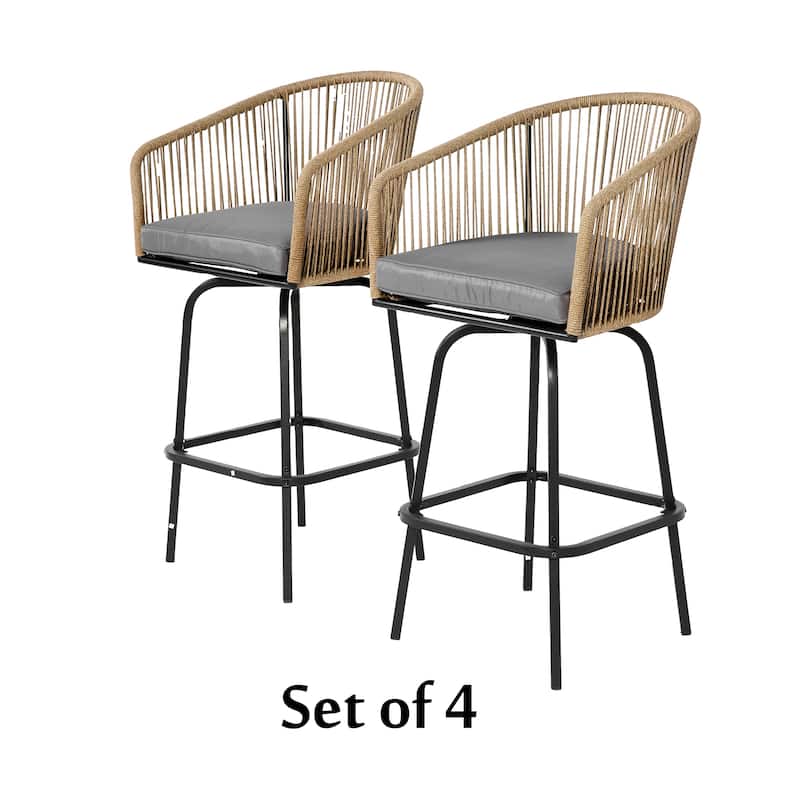 Outdoor Bar Stools Set of 4,All-Weather PE Rattan Bar Chairs with Armrests and Backrest