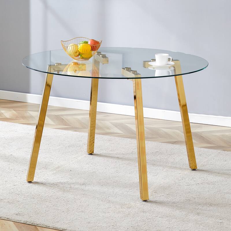 Roomfitters Round Glass Dining Table with Gold 7-Shaped Metal Legs for Dining, Office or Coffee Space, Gold