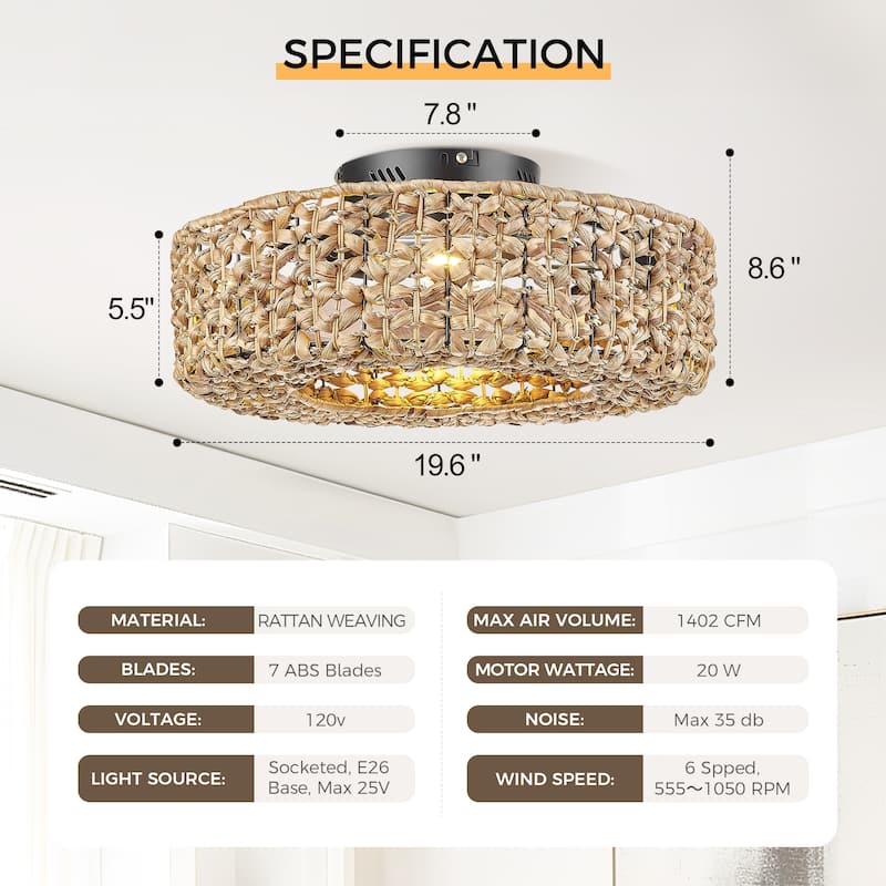 20 in. Indoor Rattan 100-240 V Flush Mount Farmhouse Rattan Cage Ceiling Fan with Light - 19.7 Inches