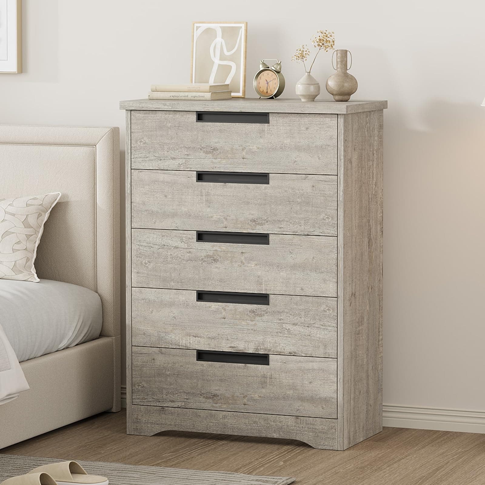 5 Drawer Dresser for Bedroom, Natural Chest of Drawers with Embedded Handles, Wooden Dresser Organizer