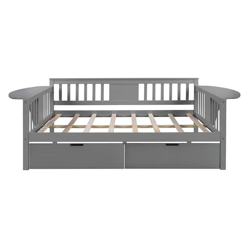 Kids Daybed Wood Full Sofa Bed Frame with 2 Drawers & Foldable Shelves