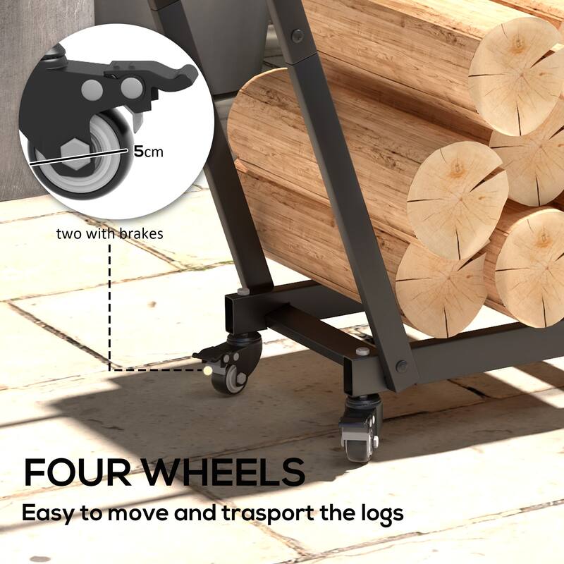 Metal Log Rack with Swivel Casters and Hooks Black Indoor and Outdoor Firewood Storage - 31.1" x 11.8" x 31.9"